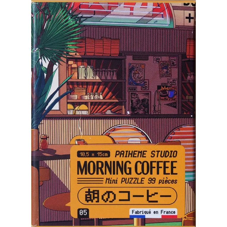 Mini puzzle "Morning Coffee" Paiheme Studio – scène de café japonais rétro, 99 pièces colorées, fabriqué en France