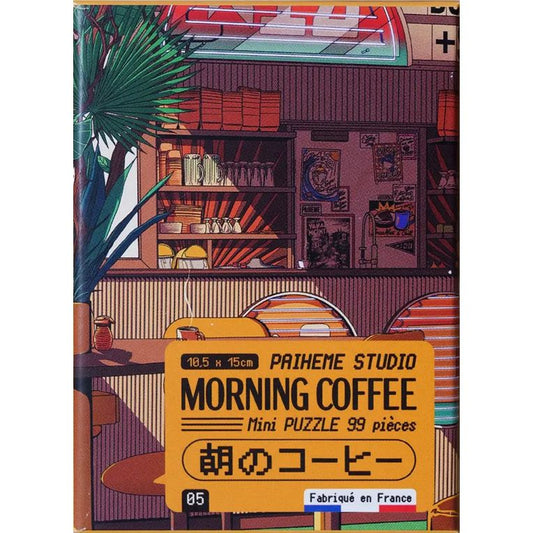 Mini puzzle "Morning Coffee" Paiheme Studio – scène de café japonais rétro, 99 pièces colorées, fabriqué en France