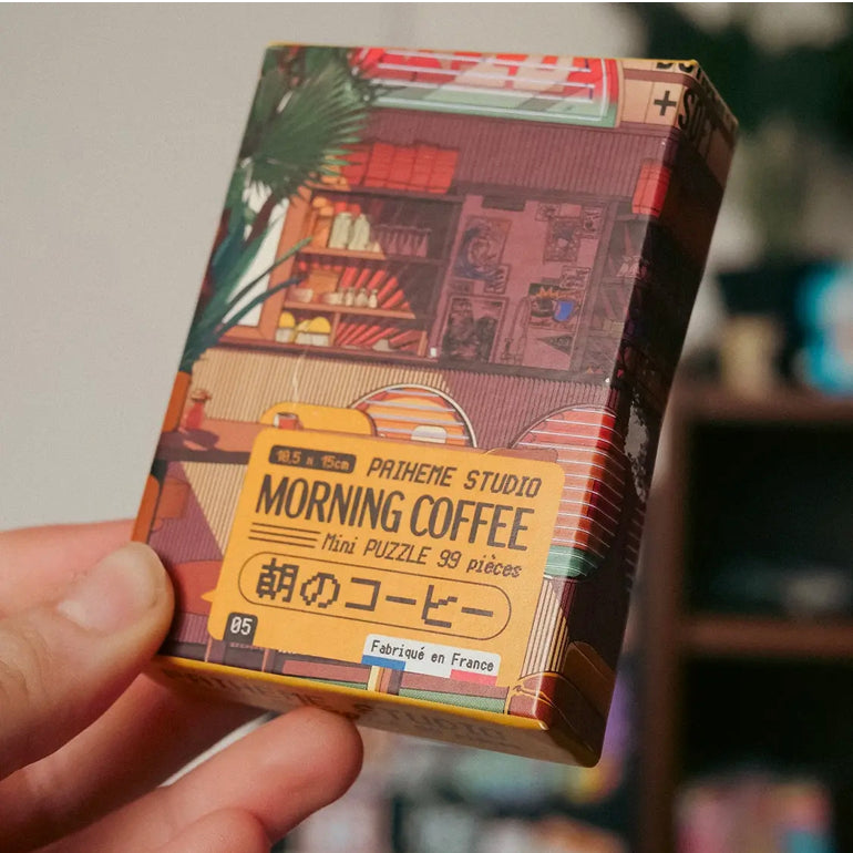 Mini puzzle "Morning Coffee" Paiheme Studio – scène de café japonais rétro, 99 pièces colorées, fabriqué en France