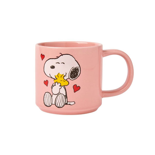 Mug Peanuts "Love Song" Magpie – Snoopy et Woodstock enlacés sur fond rose avec cœurs rouges, céramique 350 ml.