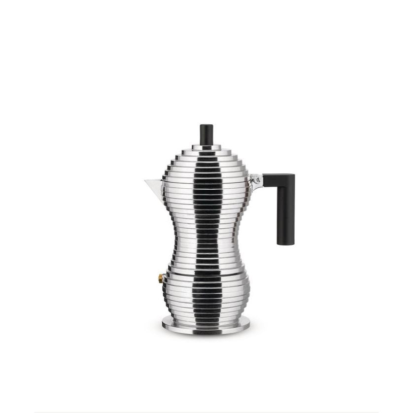 Cafetière italienne Pulcina Alessi MDL02/3B – 3 tasses, aluminium brillant avec poignée noire, design Michele De Lucchi.