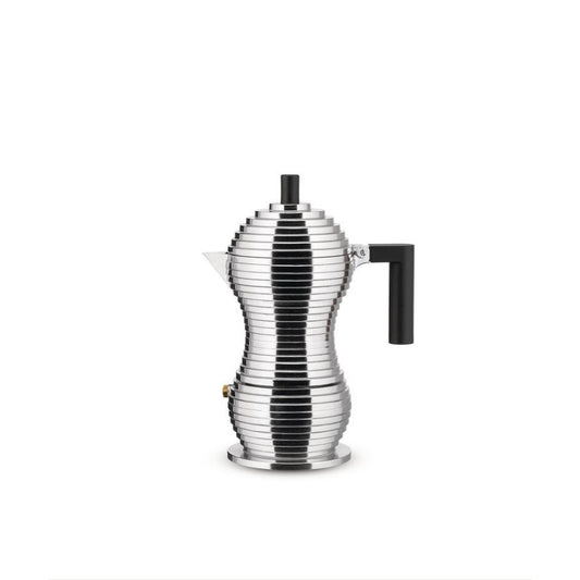 Cafetière italienne Pulcina Alessi MDL02/3B – 3 tasses, aluminium brillant avec poignée noire, design Michele De Lucchi.