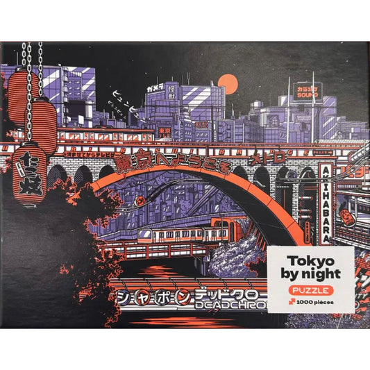 Puzzle "Tokyo by Night" 1000 pièces Paiheme Studio – illustration de Tokyo la nuit, architecture urbaine et néons rouges et violets.