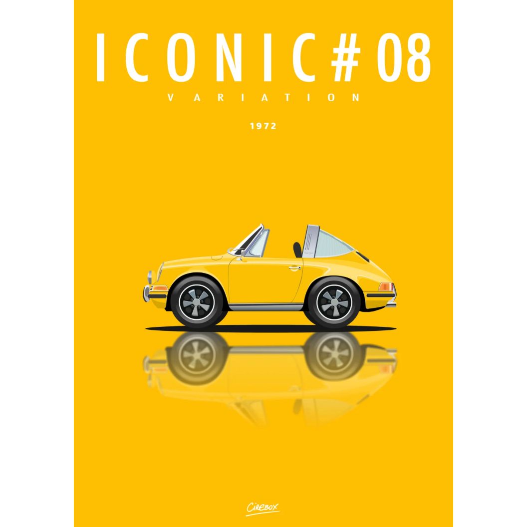 Affiche automobile "Iconic #08 – Targa 1972" par Cirebox – fond jaune, design minimaliste et silhouette vintage Porsche.