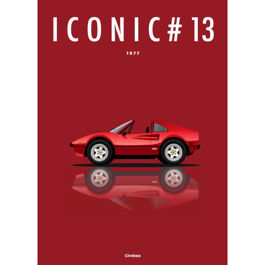 Affiche Ferrari 308 GTB 1977 – Illustration Cirebox sur fond rouge, Iconic Éditions.