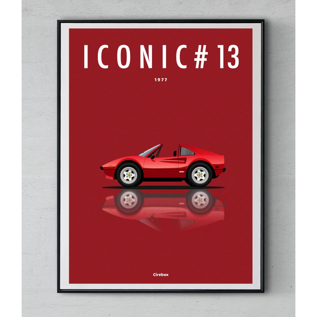 Affiche Ferrari 308 GTB 1977 – Illustration Cirebox sur fond rouge, Iconic Éditions.