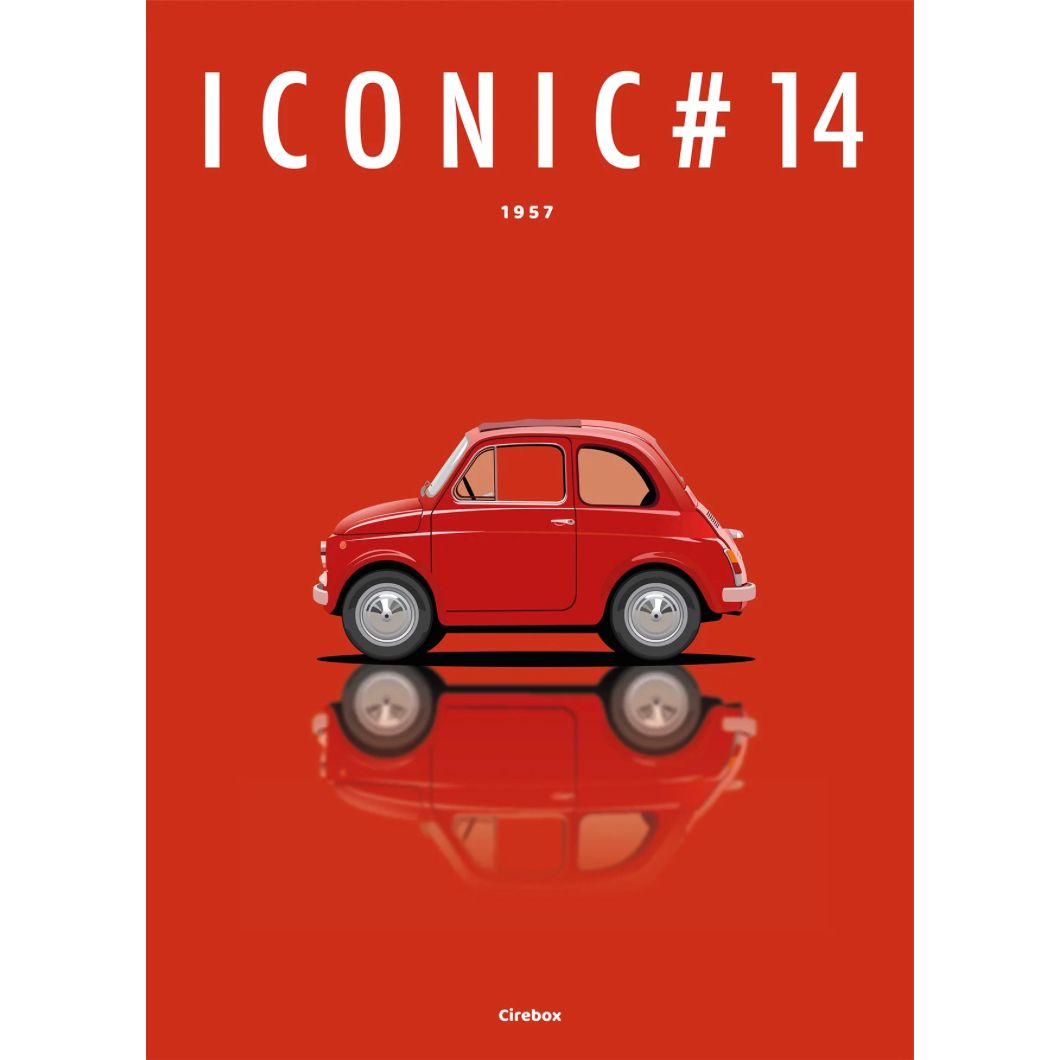 Affiche Fiat 500 1957 – Illustration Cirebox sur fond rouge, Iconic Éditions.