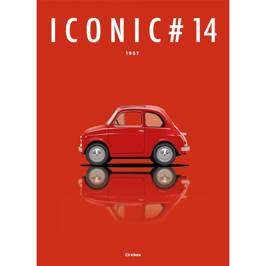 Affiche Fiat 500 1957 – Illustration Cirebox sur fond rouge, Iconic Éditions.