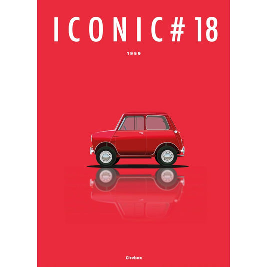 Affiche Austin Mini 1959 – Illustration Cirebox sur fond rouge, Iconic Éditions.