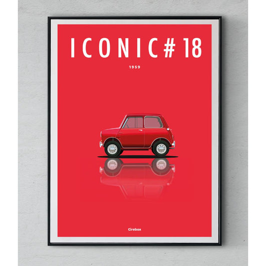 Affiche Austin Mini 1959 – Illustration Cirebox sur fond rouge, Iconic Éditions.