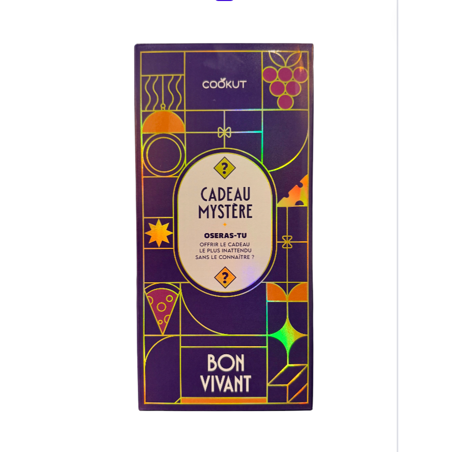– Coffret Cadeau Mystère Bon Vivant Cookut
– Boîte cadeau surprise épicurienne Cookut
– Coffret Cookut Bon Vivant packaging