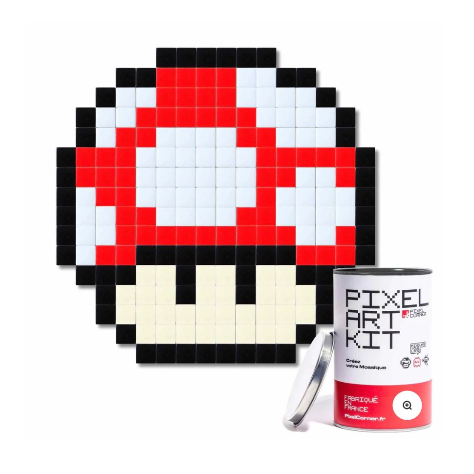 – Kit mosaïque Pixel Art Big Schroom Mini Pixel Corner mural
– Mosaïque champignon pixel rouge rétro gaming déco
– Pixel Art DIY fabrication française Pixel Corner version mini