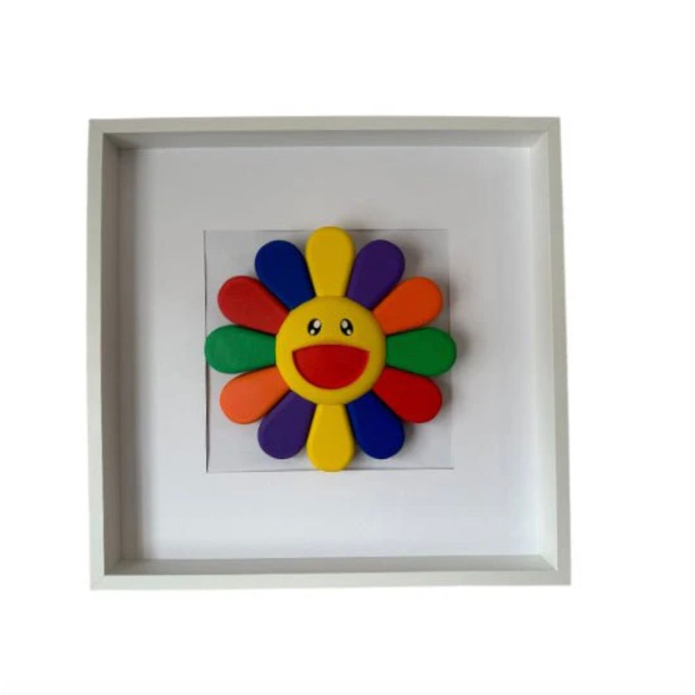 – Fleur Murakami encadrée sculpture murale pop art
– Tableau fleur souriante multicolore style Murakami
– Décoration murale pop art fleur Murakami encadrée