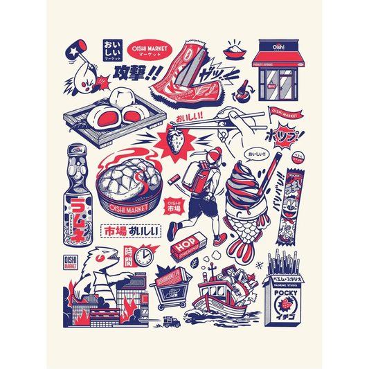 Affiche OISHI TATTOOS de Paiheme Studio regroupant les icônes de la collection Oishi Market au format 30x40 cm