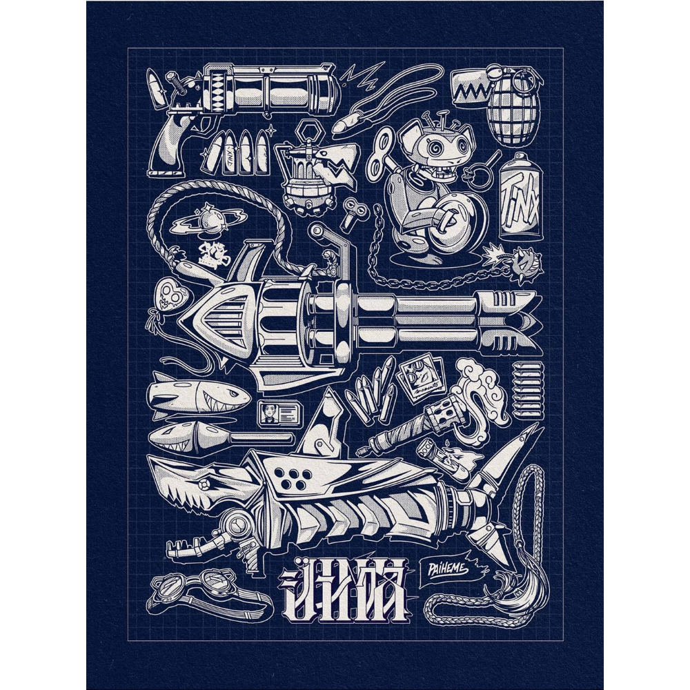 Affiche JINX Bleue de Paiheme Studio représentant les armes et accessoires emblématiques de League of Legends au format 30x40 cm