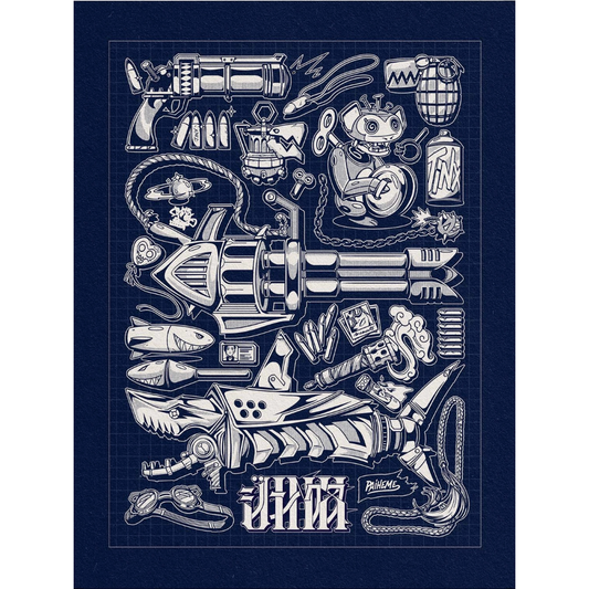 Affiche JINX Bleue de Paiheme Studio représentant les armes et accessoires emblématiques de League of Legends au format 30x40 cm
