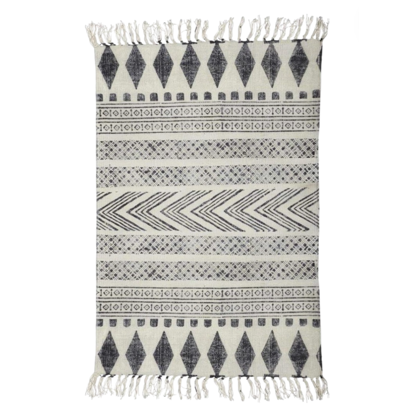 Tapis BLOCK House Doctor 60x90 cm en coton écru avec motifs géométriques noirs et franges décoratives