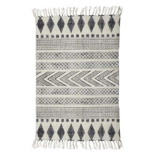 Tapis BLOCK House Doctor 60x90 cm en coton écru avec motifs géométriques noirs et franges décoratives