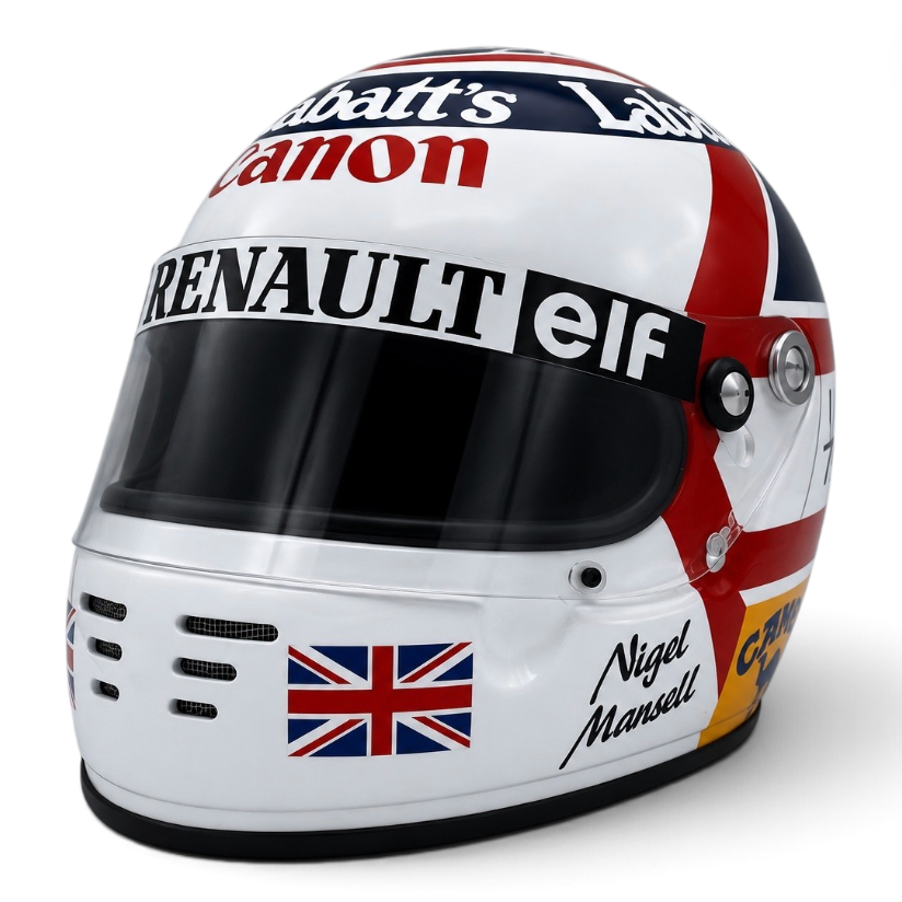 Casque Replica Nigel Mansell 1992 blanc bleu marine et rouge inspiré du casque du Champion du monde de Formule 1