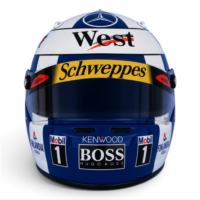 Casque Replica David Coulthard 1997 bleu et blanc inspiré du casque du pilote écossais lors de la saison de Formule 1 1997