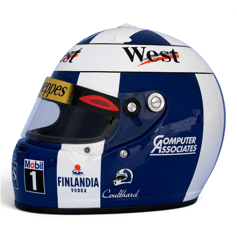 Casque Replica David Coulthard 1997 bleu et blanc inspiré du casque du pilote écossais lors de la saison de Formule 1 1997