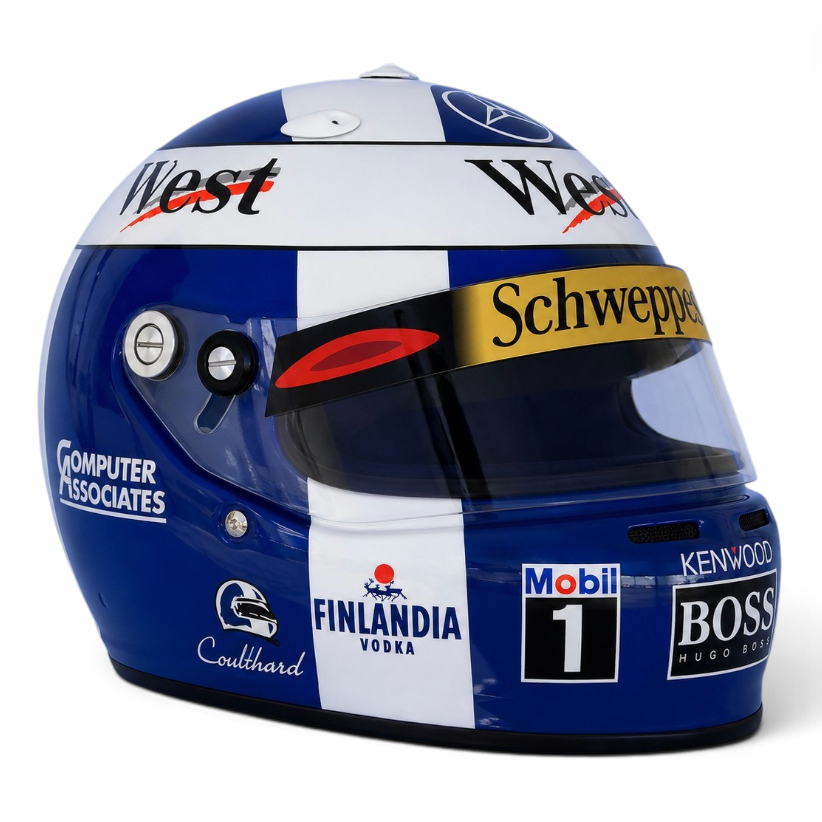 Casque Replica David Coulthard 1997 bleu et blanc inspiré du casque du pilote écossais lors de la saison de Formule 1 1997