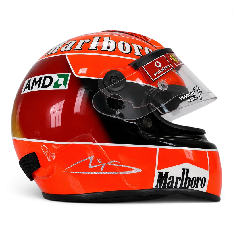 Casque Replica Michael Schumacher 2004 rouge vu de profil, inspiré du casque du septuple Champion du monde de Formule 1