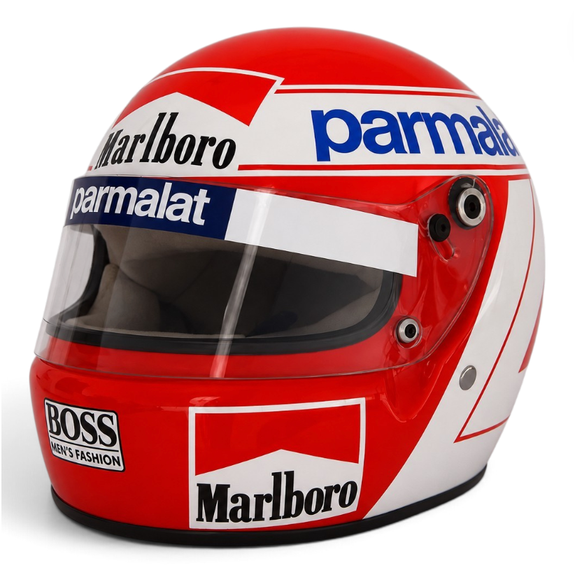 Casque Replica Niki Lauda 1984 rouge et blanc vu de profil, inspiré du casque de sa saison de Champion du monde de Formule 1
