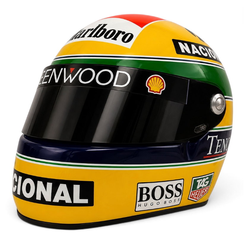 Casque Replica Ayrton Senna 1993 jaune vert et bleu inspiré du casque emblématique du pilote brésilien lors de sa saison de Formule 1 1993