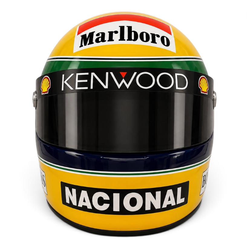Casque Replica Ayrton Senna 1993 jaune vert et bleu inspiré du casque emblématique du pilote brésilien lors de sa saison de Formule 1 1993