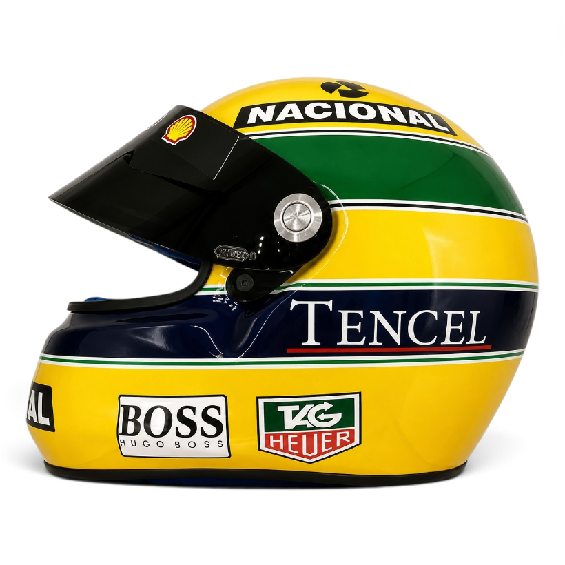 Casque Replica Ayrton Senna 1993 jaune vert et bleu inspiré du casque emblématique du pilote brésilien lors de sa saison de Formule 1 1993