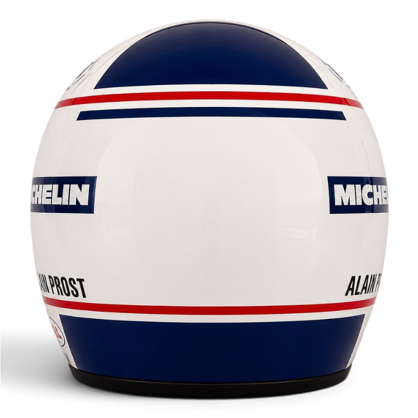 Casque Replica Alain Prost 1984 blanc bleu marine et rouge vu de profil, inspiré du casque du pilote français en Formule 1