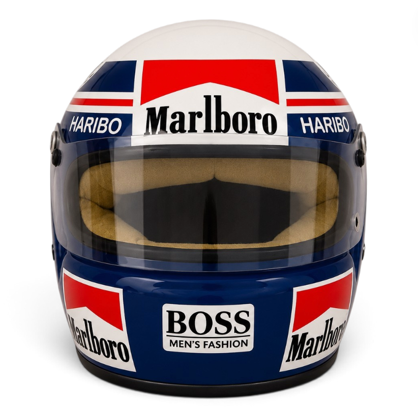 Casque Replica Alain Prost 1984 blanc bleu marine et rouge vu de profil, inspiré du casque du pilote français en Formule 1