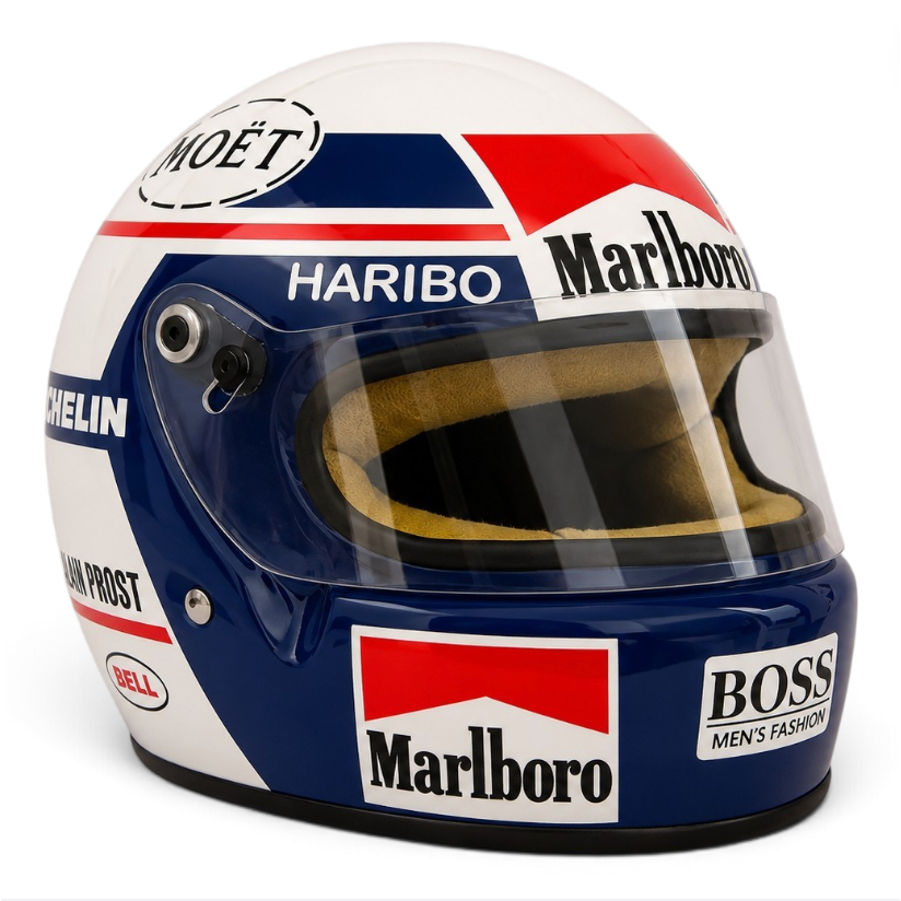 Casque Replica Alain Prost 1984 blanc bleu marine et rouge vu de profil, inspiré du casque du pilote français en Formule 1