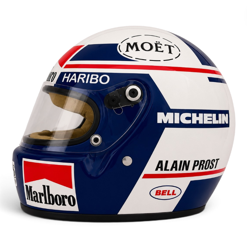 Casque Replica Alain Prost 1984 blanc bleu marine et rouge vu de profil, inspiré du casque du pilote français en Formule 1
