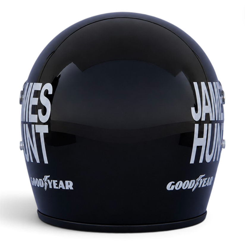 Casque Replica James Hunt 1976 noir vu de profil avec lettrage blanc, inspiré du casque de sa saison de Champion du monde de Formule 1