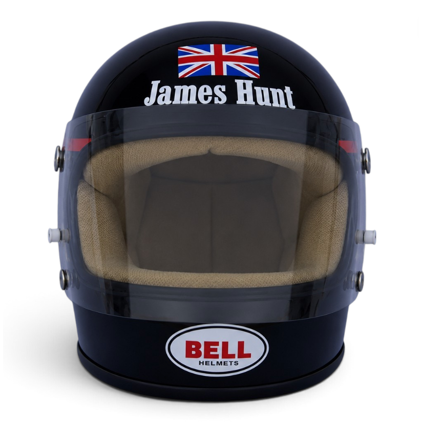 Casque Replica James Hunt 1976 noir vu de profil avec lettrage blanc, inspiré du casque de sa saison de Champion du monde de Formule 1
