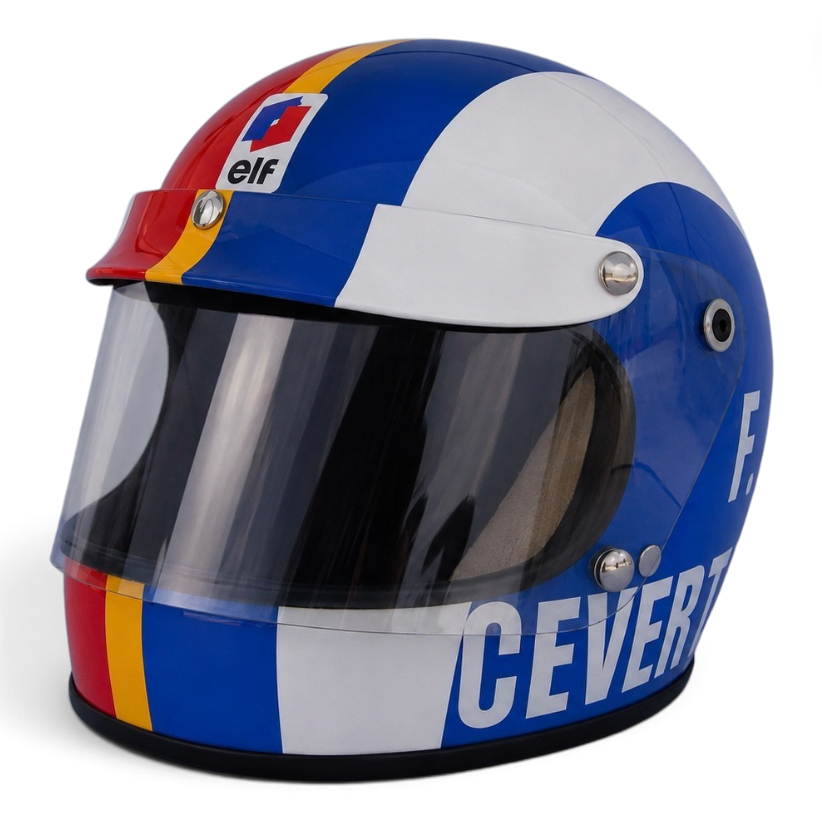 Casque Replica François Cevert 1973 Tyrrell F1 vu de face avec livrée bleu blanc rouge, bande jaune et logo Elf
