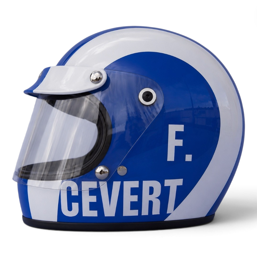 Casque Replica François Cevert 1973 Tyrrell F1 vu de face avec livrée bleu blanc rouge, bande jaune et logo Elf