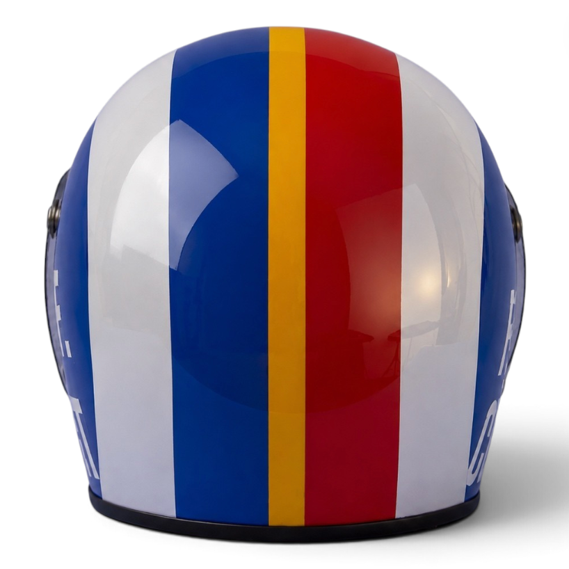 Casque Replica François Cevert 1973 Tyrrell F1 vu de face avec livrée bleu blanc rouge, bande jaune et logo Elf