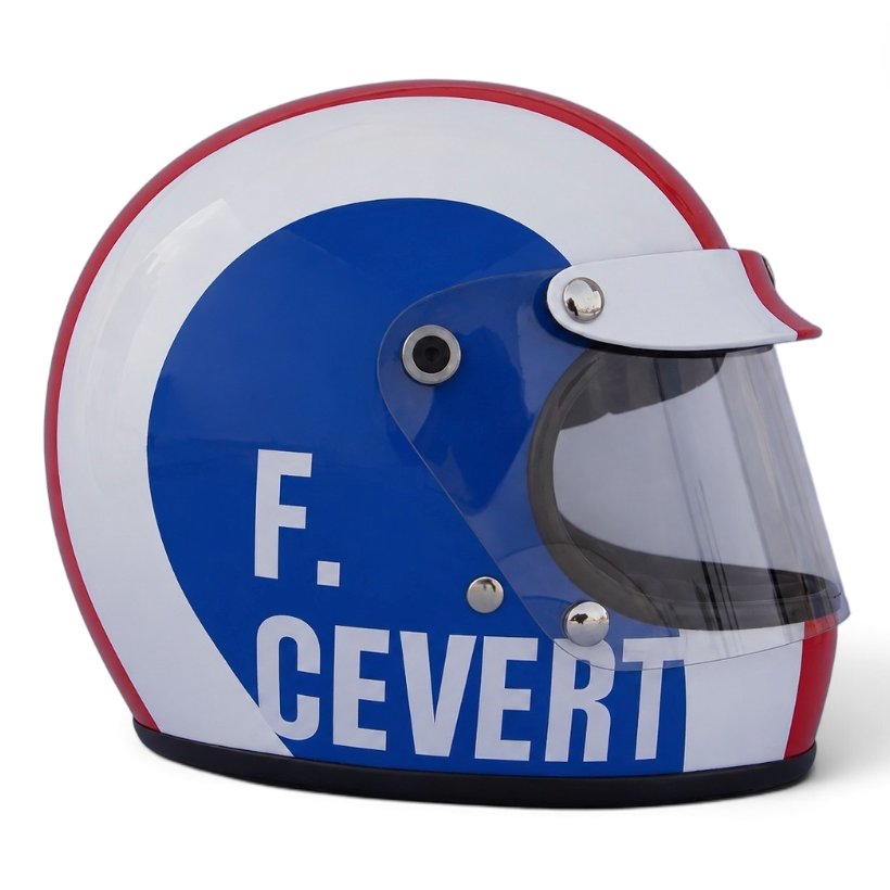 Casque Replica François Cevert 1973 Tyrrell F1 vu de face avec livrée bleu blanc rouge, bande jaune et logo Elf