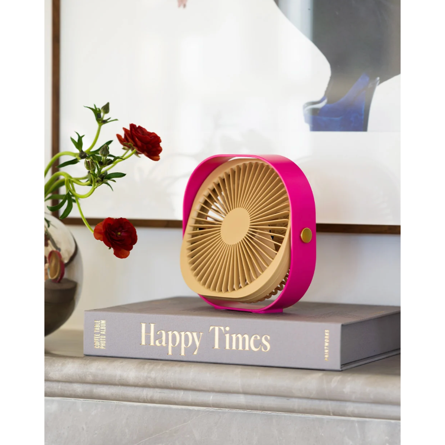 Ventilateur portatif WOOD Cerise Printworks avec cadre rose cerise et ventilateur beige orientable
