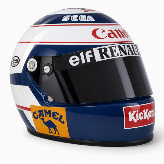 Casque Replica Alain Prost 1993 blanc bleu et rouge, réplique décorative inspirée du casque du pilote français en Formule 1