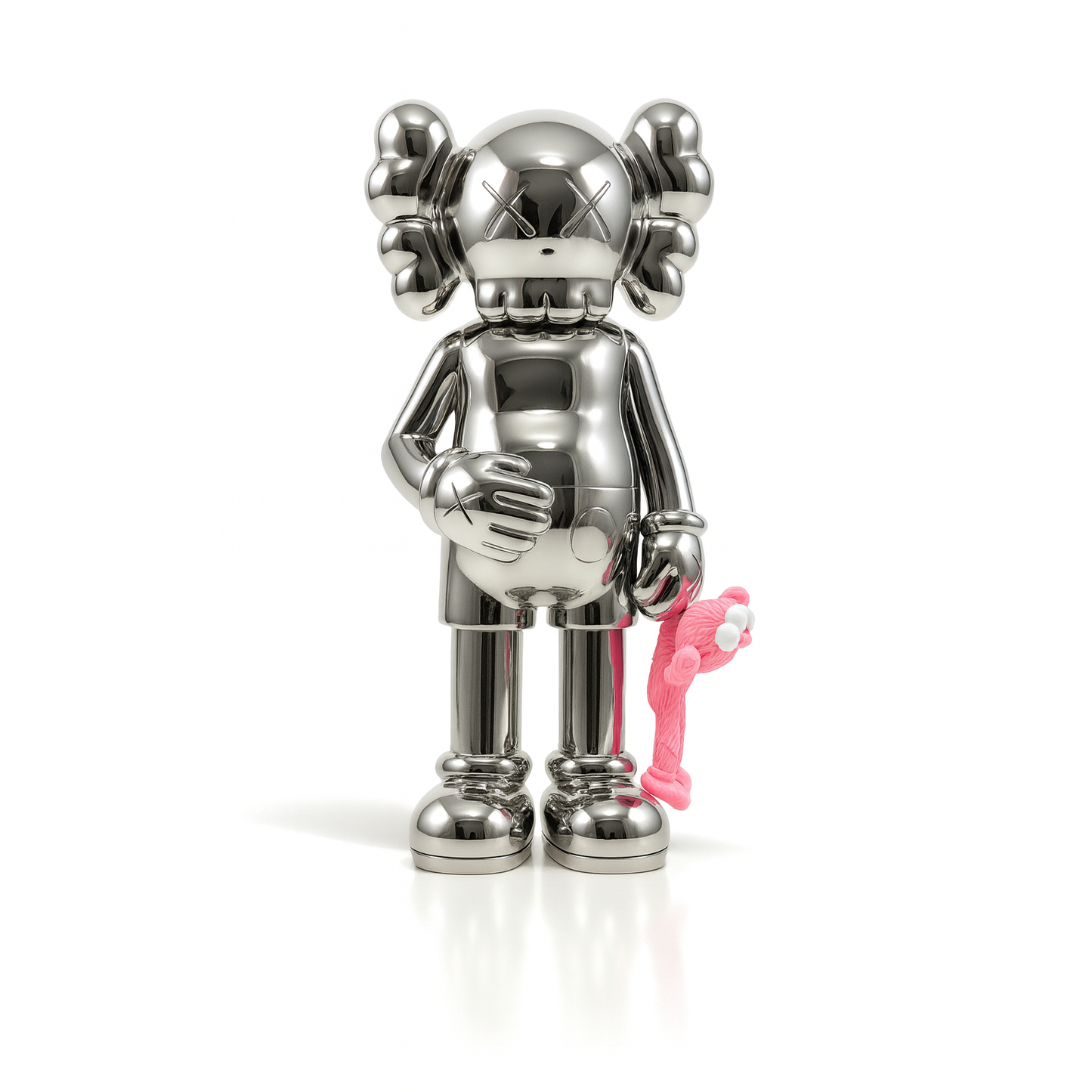 Affiche "Nickel Chrome #1" – sculpture chromée stylisée avec peluche rose, format 30x40 cm