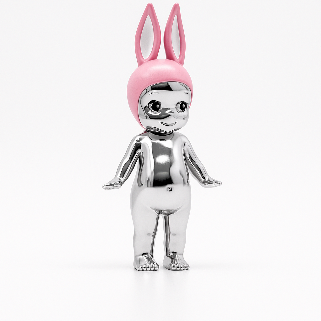 Affiche "Nickel Chrome #3" – figurine chromée avec oreilles de lapin roses, art pop contemporain