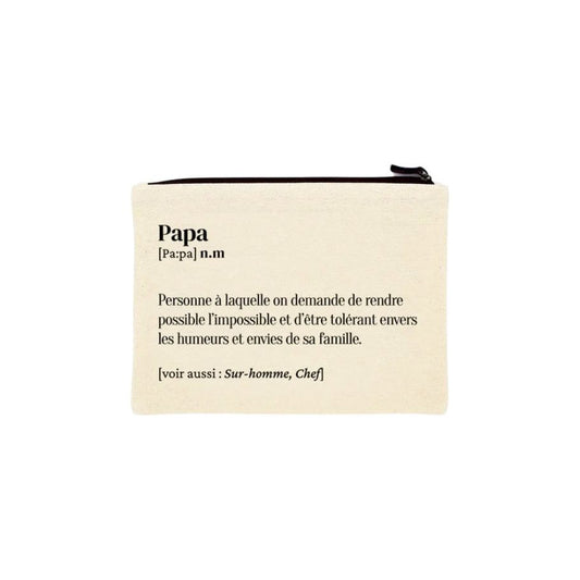 Trousse écrue avec texte imprimé “Papa [pa:pa] n.m” et définition humoristique du père de famille
