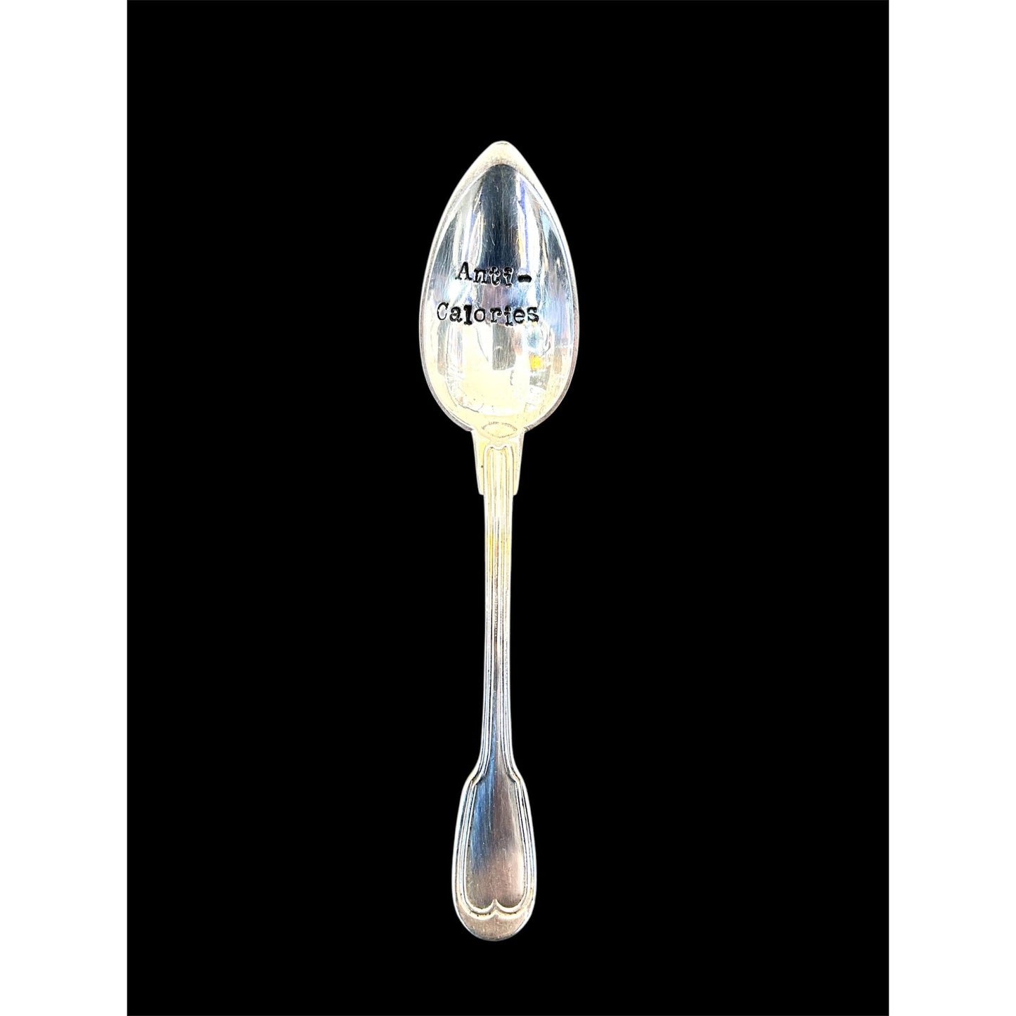 Cuillère vintage gravée "Anti-Calories" – ustensile en métal argenté au message humoristique