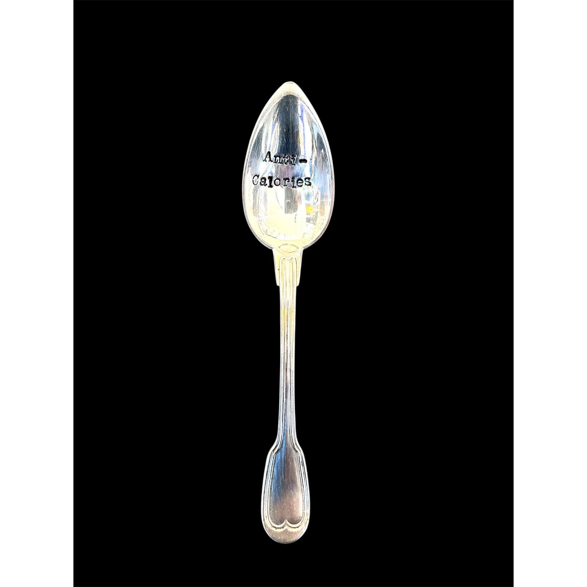 Cuillère vintage gravée "Anti-Calories" – ustensile en métal argenté au message humoristique