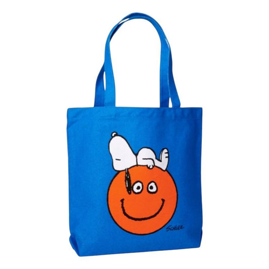 Tote bag bleu Snoopy allongé sur un smiley orange – Peanuts – Sac en toile coton stylé et pop