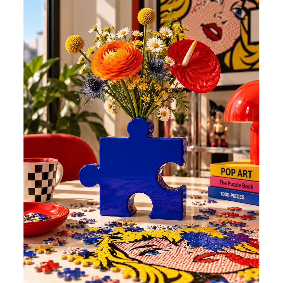 Vase Puzzle bleu Fluid Market en céramique brillante en forme de pièce de puzzle